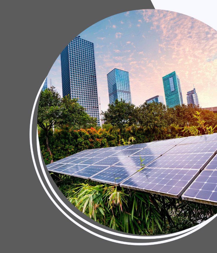 A city skyline with solar panels in the foreground